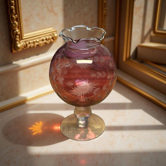 Hand Cut Cranberry Overlay Vase Deep Floral Design, Bohemian Style 8 inch Tall - Picture 3 of 9